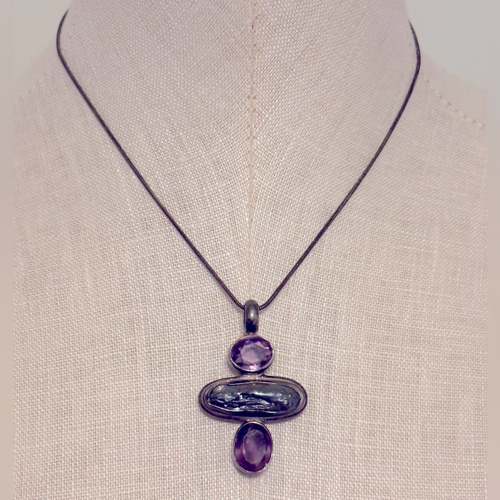 Unique Oval Amethysts and purple/blue Keshi Pearl Sterling Silver Cross Necklace
